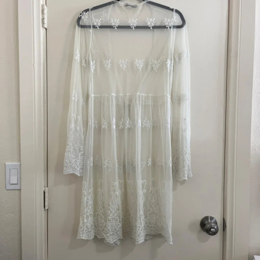 Womens Sheer Embroidered Cover Up Medium Romantic Fairy Cottage Lace Duster Boho - Picture 2 of 6